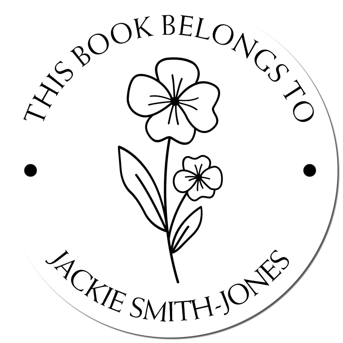 Black-and-white circular book belongs to Jackie Smith-Jones stamp seal with floral design and bold serif text.