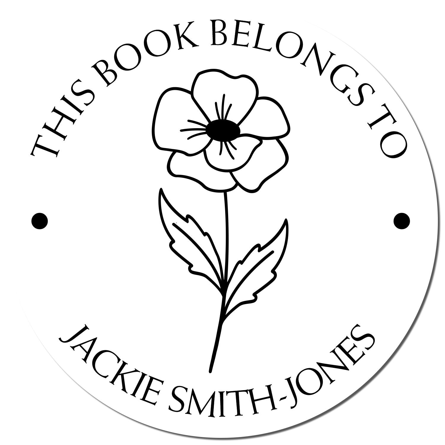 Circular black-and-white book stamp seal with flower line art and text: THIS BOOK BELONGS TO JACKIE SMITH-JONES.