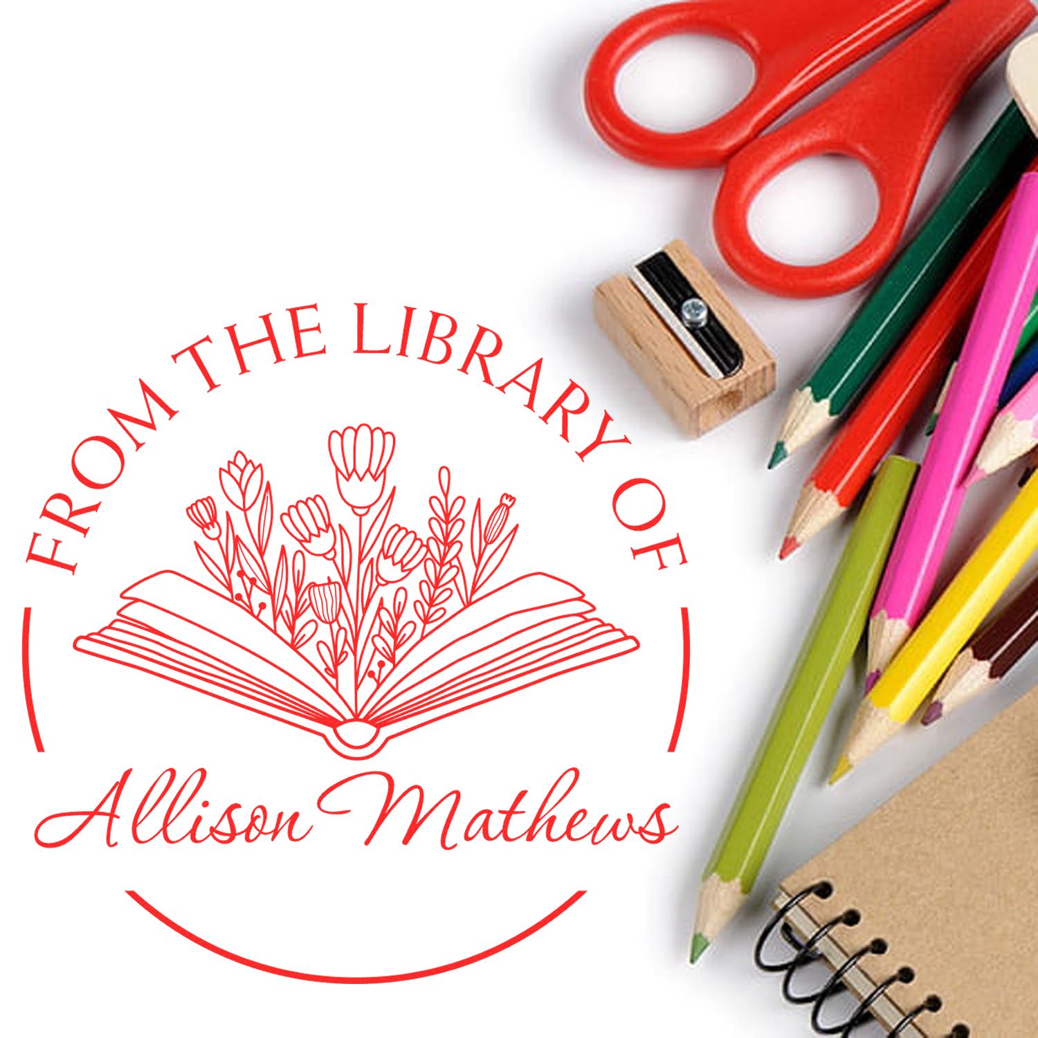 Pre-Inked Lively Flowers with Book Customized Library Name Stamp - Engineer Seal Stamps
