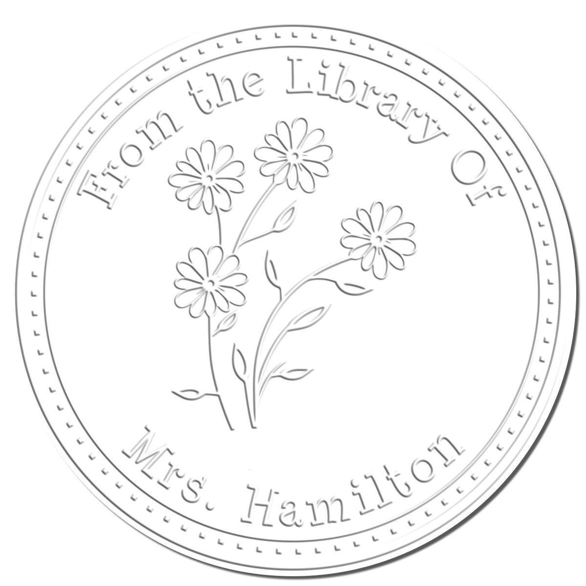 Shiny floral stamp featuring a colorful daisy bouquet design for custom library paper embossing.