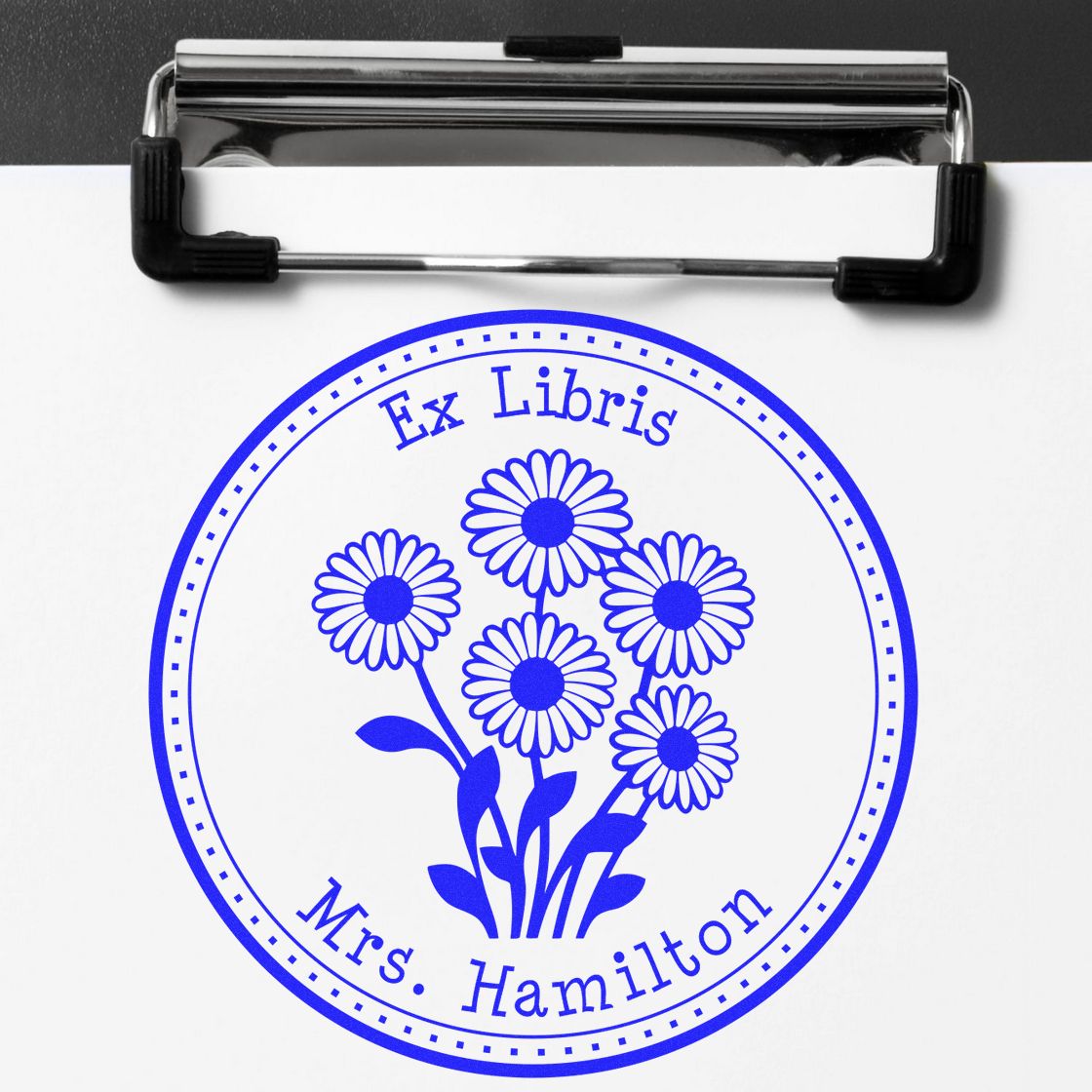 Wood Handle Glistening Daisy Bouquet Personalized Bookplate Stamp - Engineer Seal Stamps