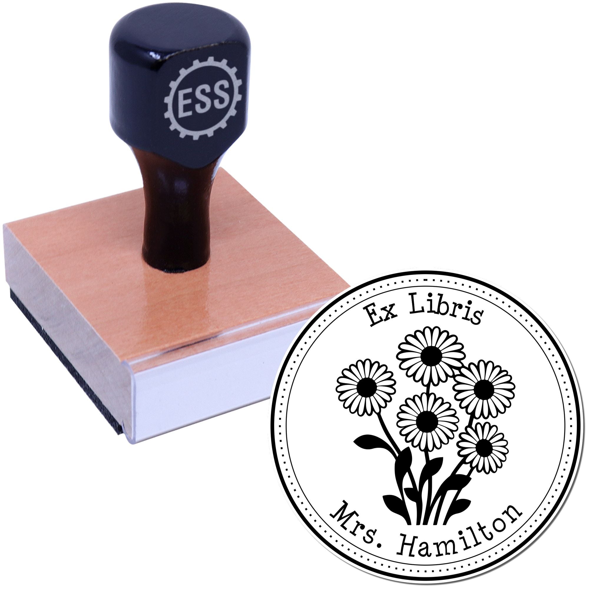 Wood Handle Glistening Daisy Bouquet Personalized Bookplate Stamp - Engineer Seal Stamps