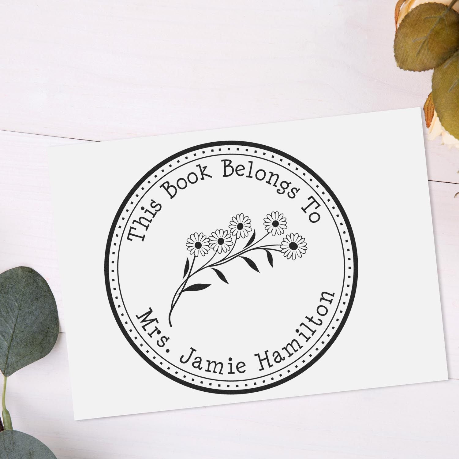 Wood Handle Divine Daisies Personalized Bookplate Stamper - Engineer Seal Stamps