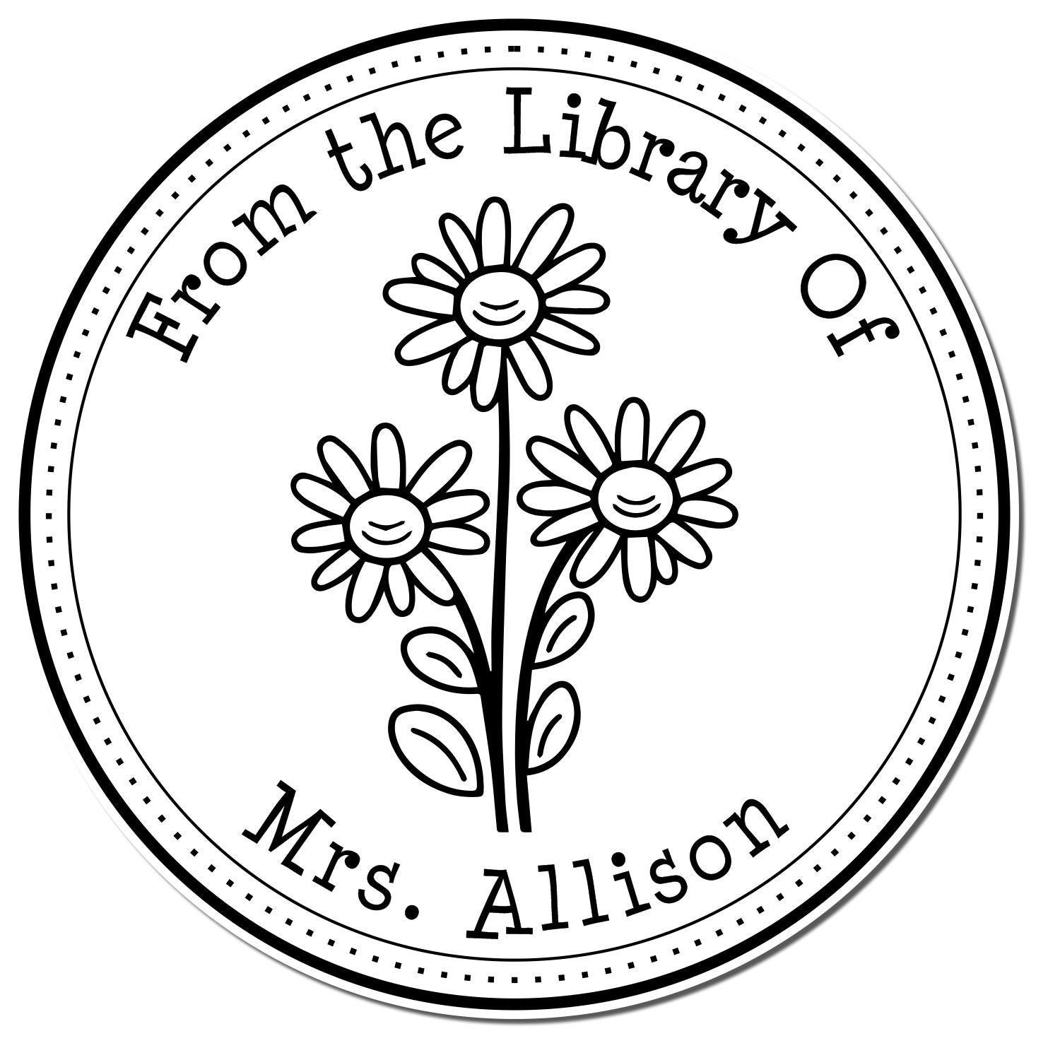 Black-and-white circular library stamp seal with three smiling flowers and text From the Library of Mrs. Allison.