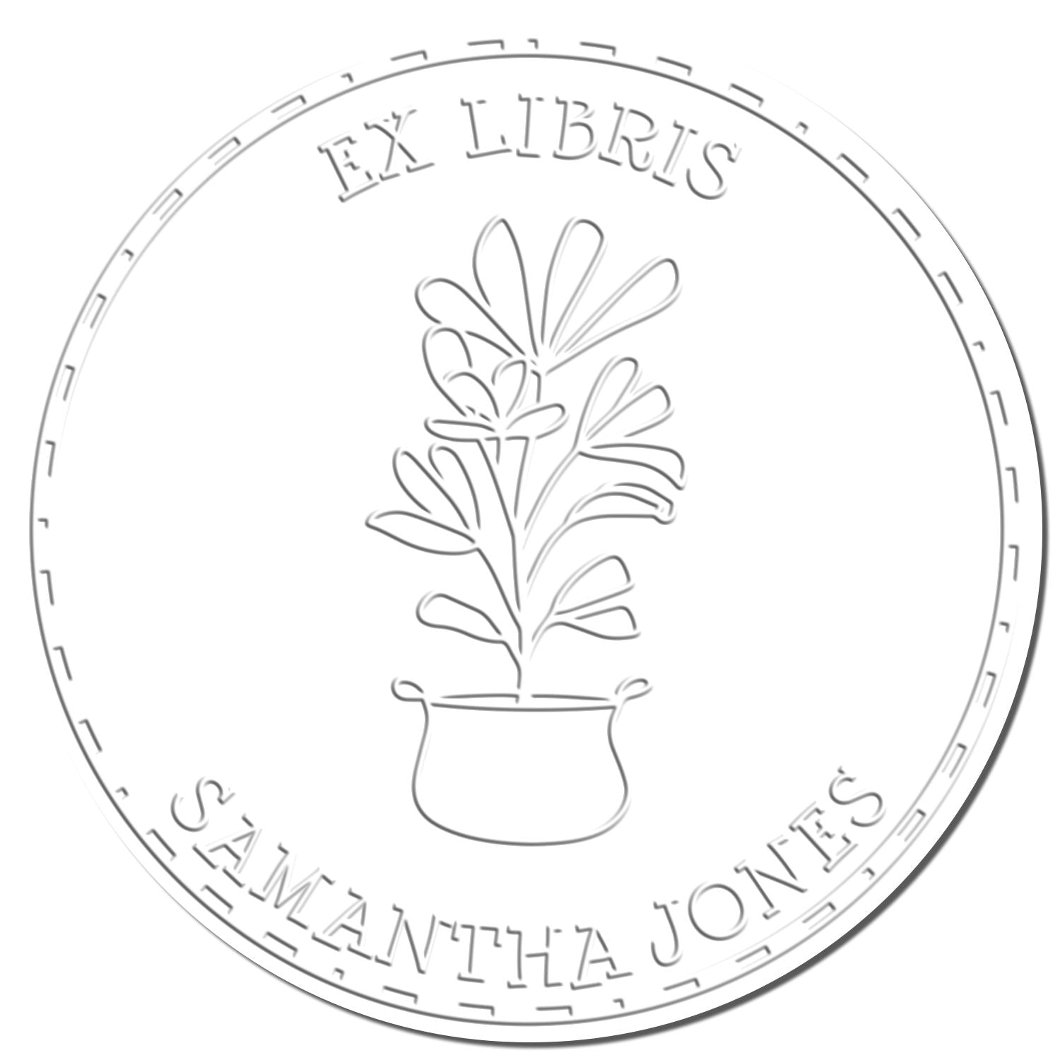 Circular gray Ex Libris stamp seal with potted plant line art and Samantha Jones around the border.