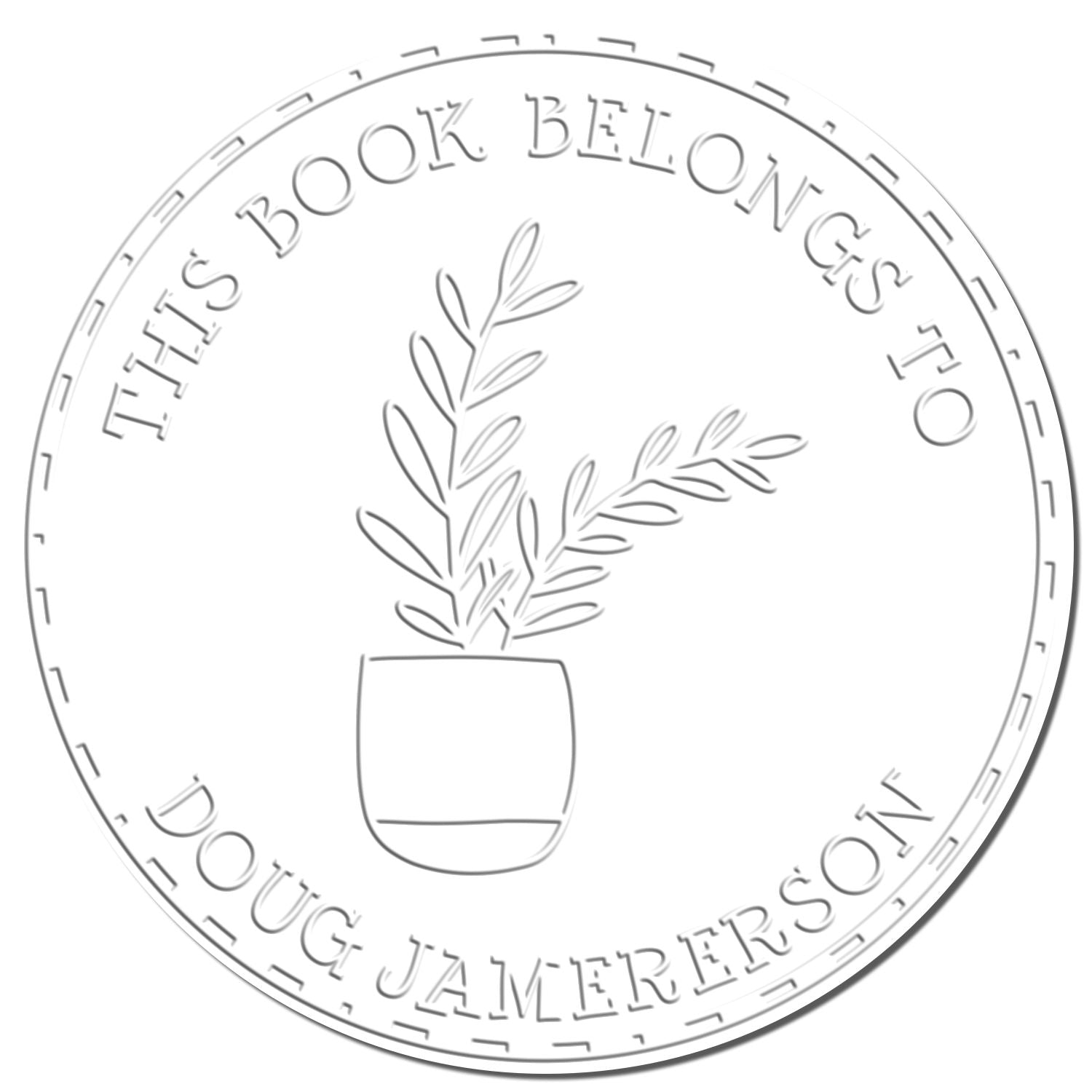 Circular white and gray book stamp seal with potted plant and embossed text This Book Belongs to Doug Jamerson