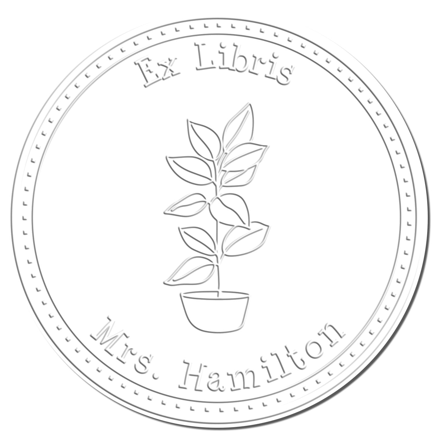Round gray embossed Ex Libris stamp seal with potted plant and curved text for Mrs. Hamilton.