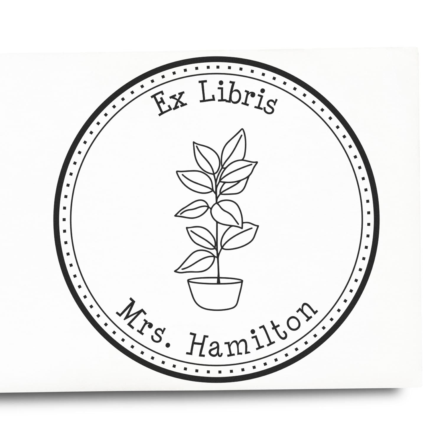 Black-and-white Ex Libris stamp seal with a potted plant and circular border, labeled Mrs. Hamilton.
