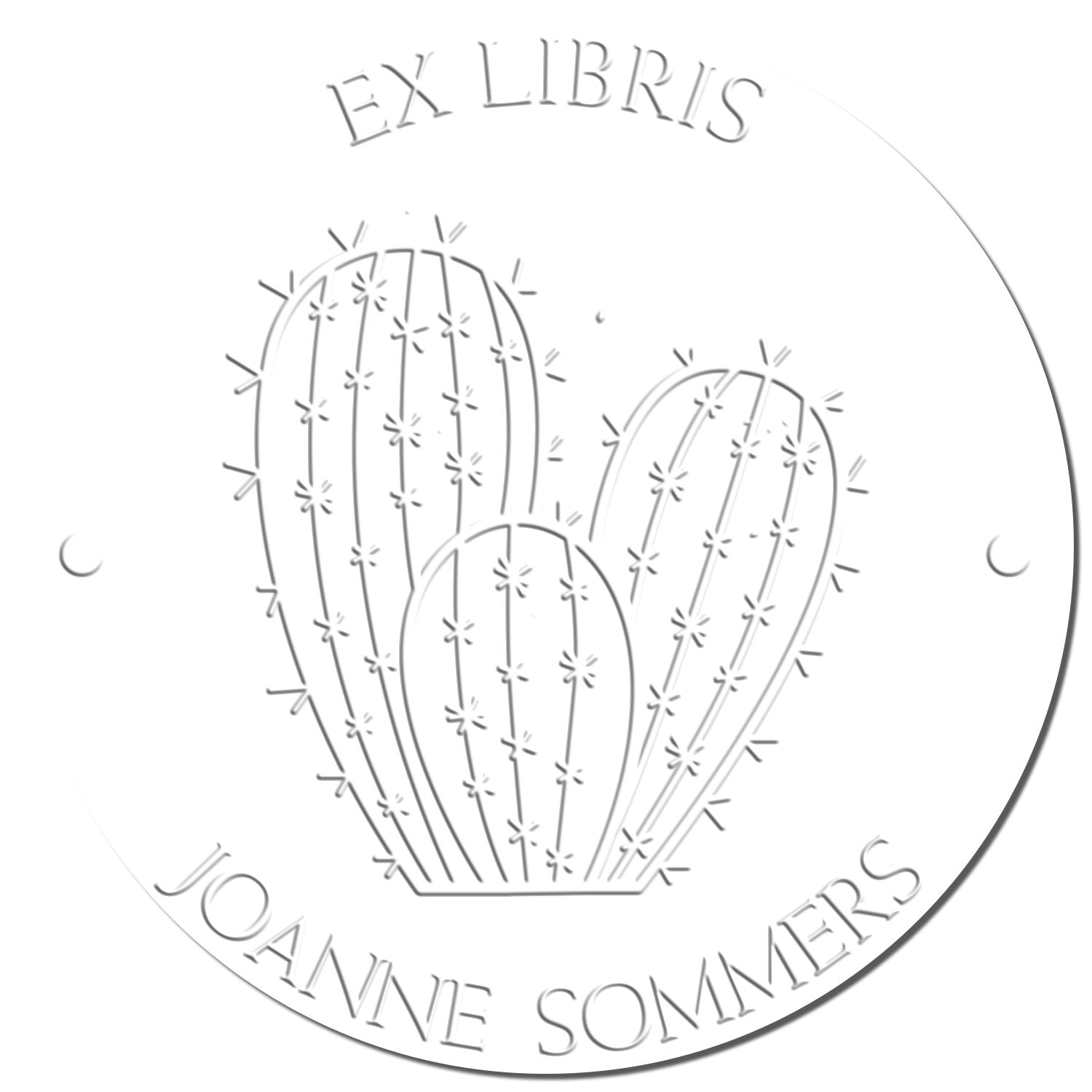 Round white embossing seal stamp with gray cactus design and curved EX LIBRIS JOANNE SOMMERS text