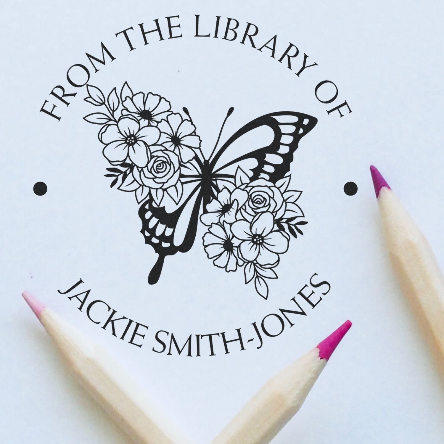 Pre-Inked Radiating Butterfly with Flowers Personalized Book Ownership Label Stamp - Engineer Seal Stamps