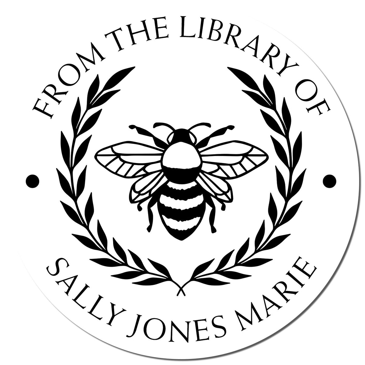 Circular black-and-white library stamp seal with bee and laurel wreath, reading From the Library of Sally Jones Marie.