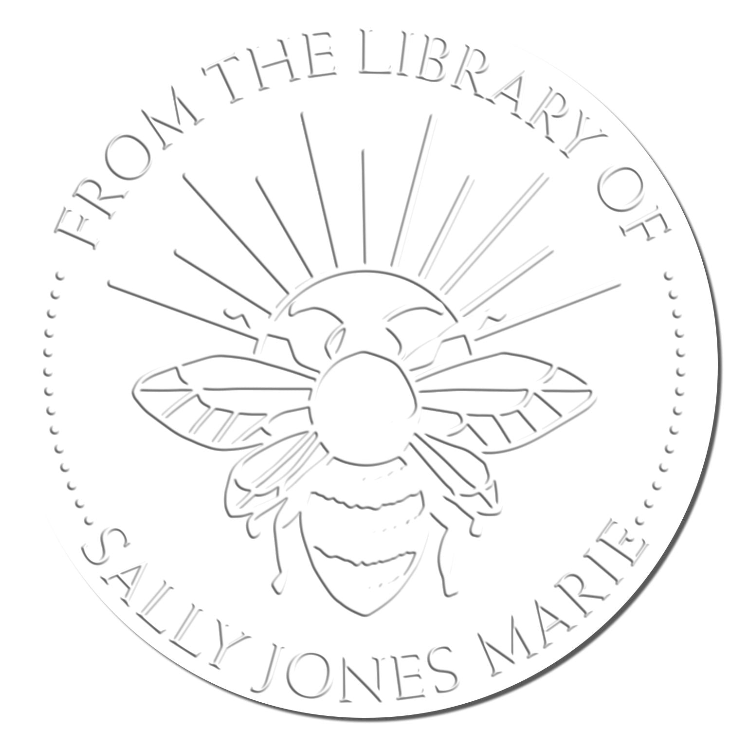 Silver-gray embossed circular library stamp seal with bee emblem and arched text for Sally Jones Marie.