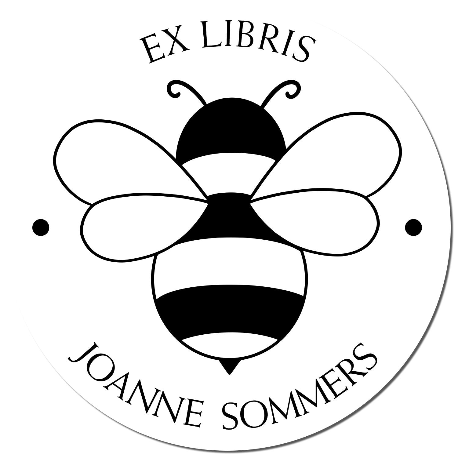 Round black-and-white ex libris stamp seal with bee design and Joanne Sommers text