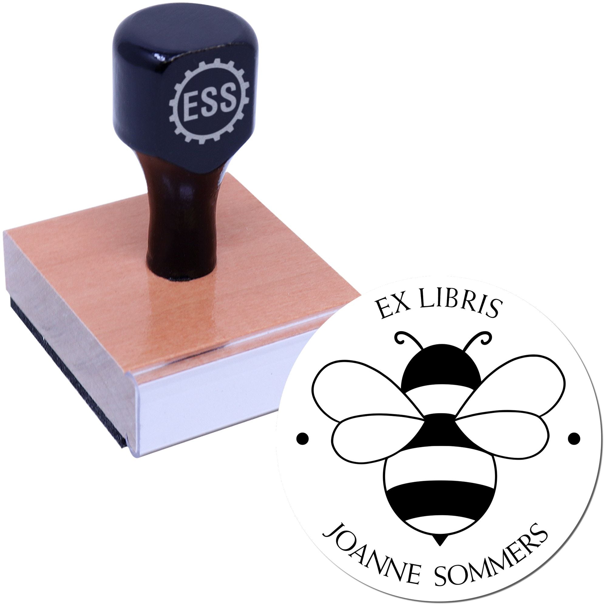 Custom navy rubber stamp and seal on wooden base, with bee emblem and Ex Libris Joanne Sommers text