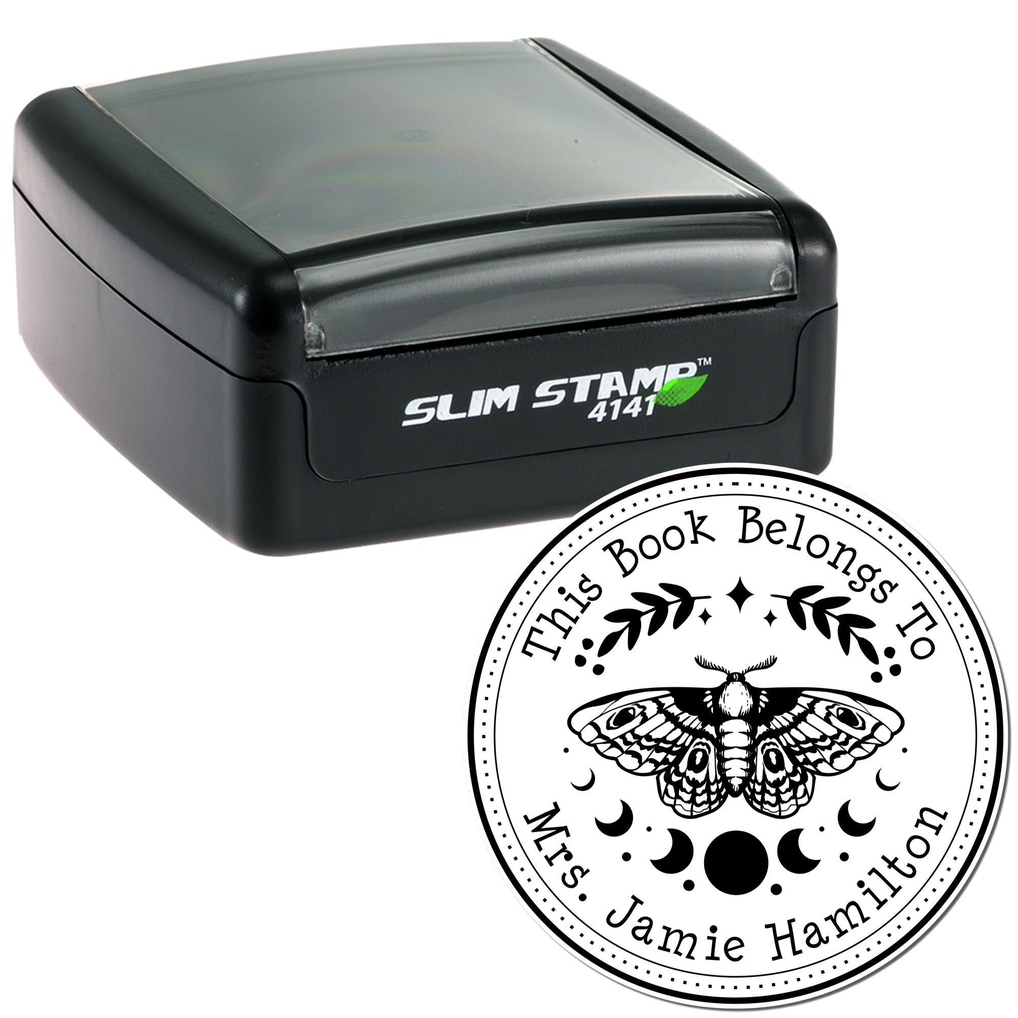 Black Slim Stamp 4141 self-inking stamp with round book-belongs-to seal and moth motif on white background