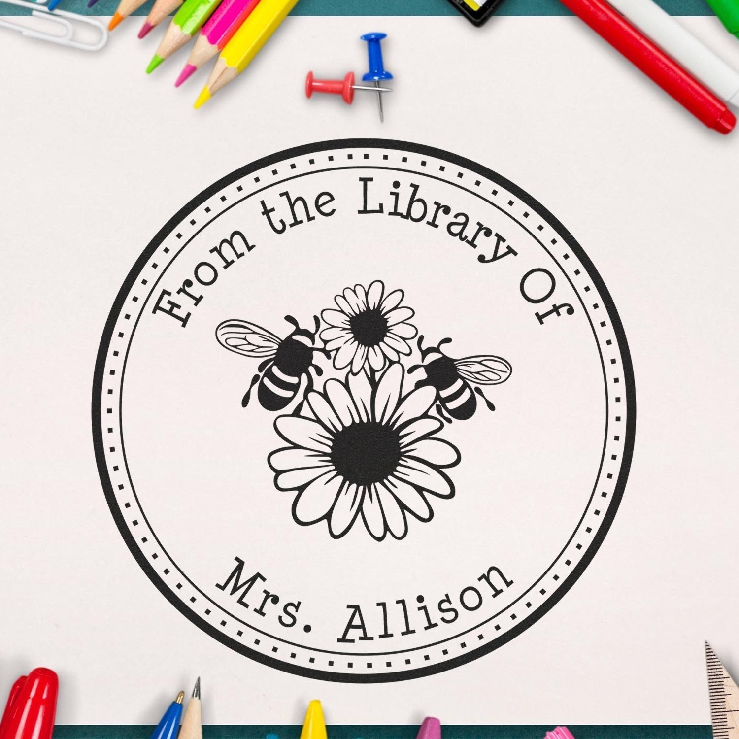 Pre-Inked Mesmerizing Bees Personalized Library Name Stamp - Engineer Seal Stamps