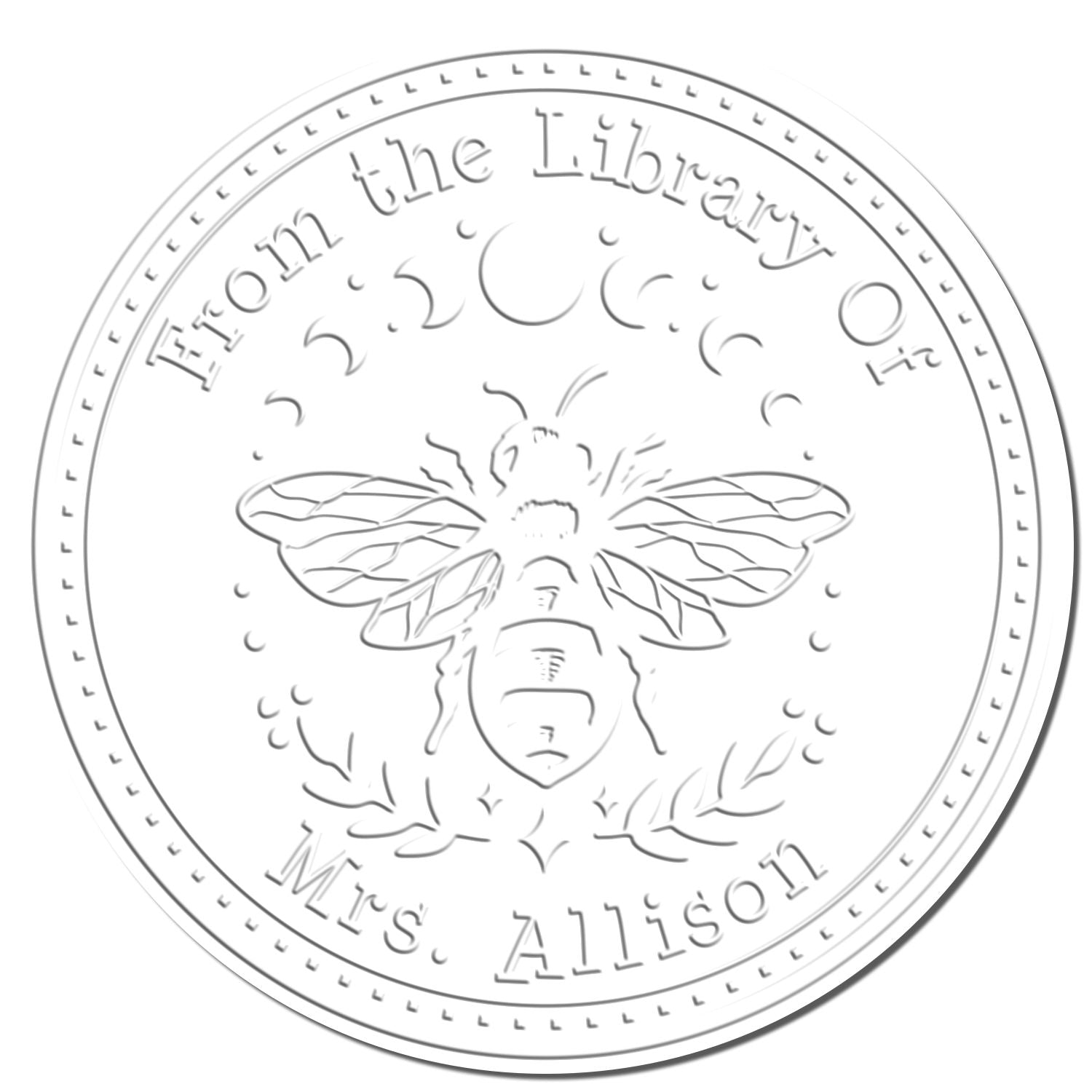 White circular embossing seal stamp with gray bee and laurel design, reading From the Library and Mrs. Allison.