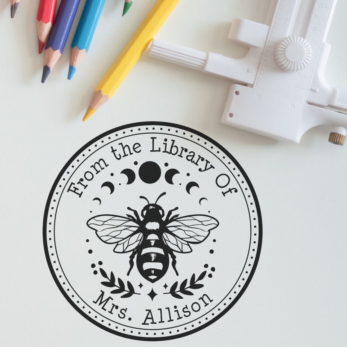 Pre-Inked Celestial Bee Personalized Library Name Stamper - Engineer Seal Stamps