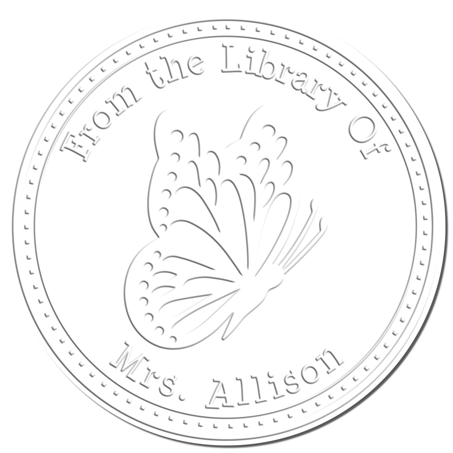 Round silver library ownership stamp and seal with butterfly, embossed text From the Library of Mrs. Allison