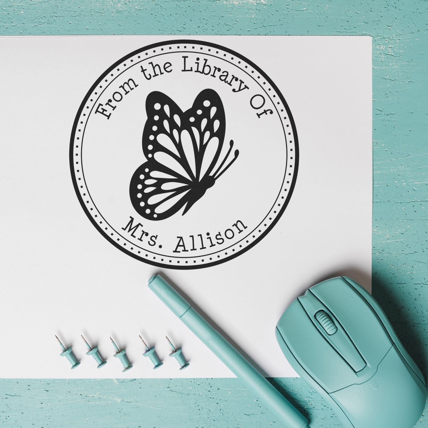 Wood Handle Delicate Butterfly Custom Book Ownership Label Stamp - Engineer Seal Stamps