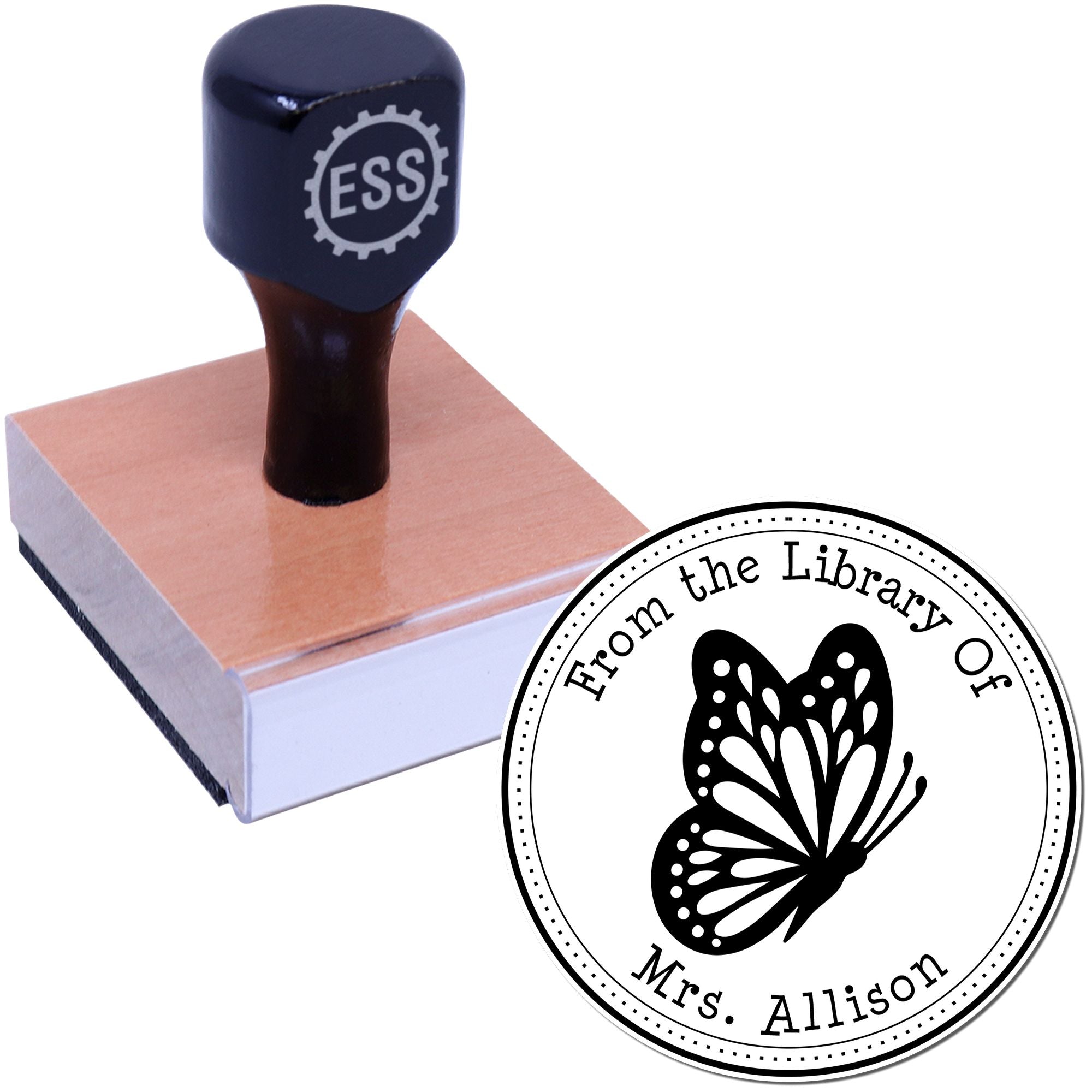 Wood Handle Delicate Butterfly Custom Book Ownership Label Stamp - Engineer Seal Stamps