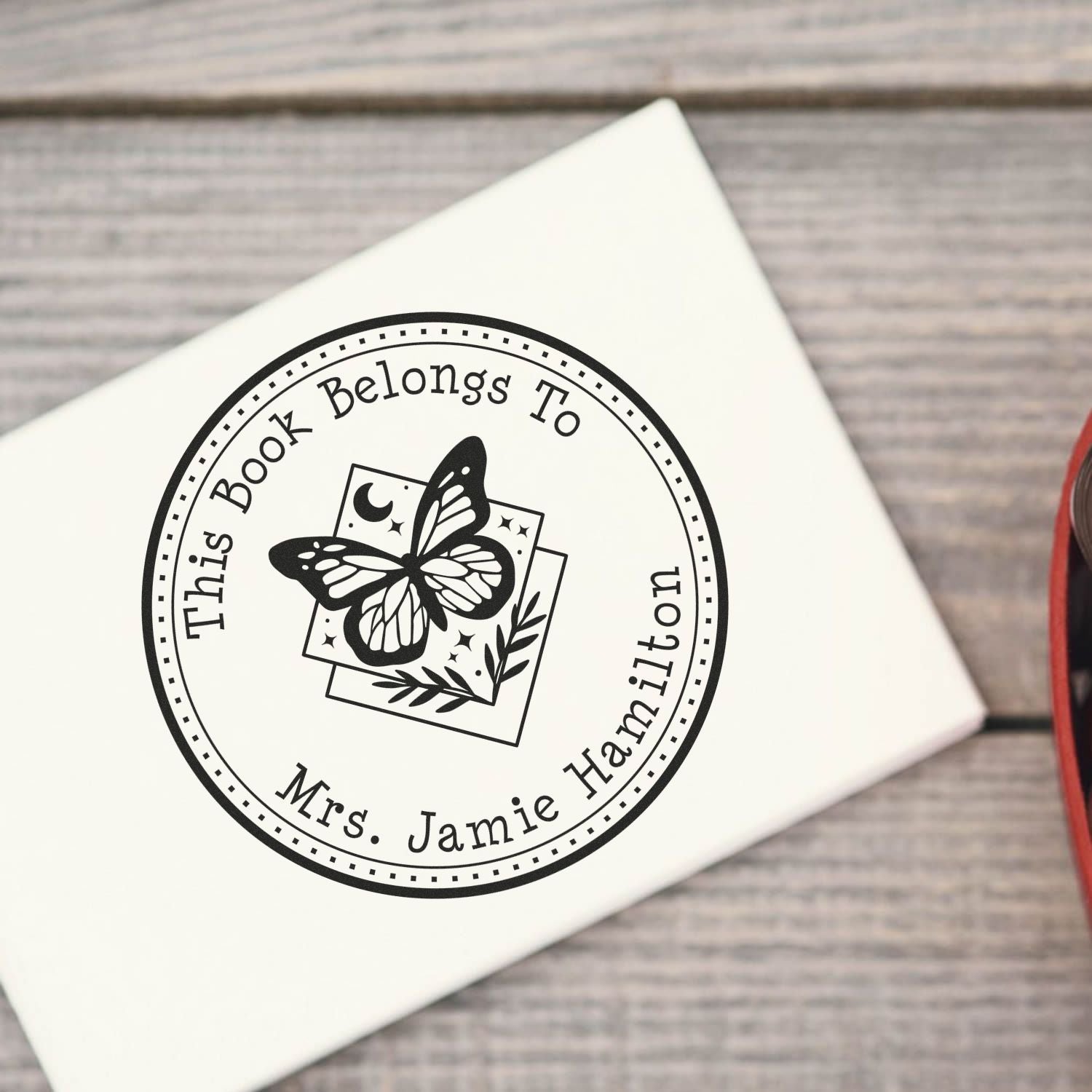 Wood Handle Beautiful Butterfly Personalized Bibliophile Stamp