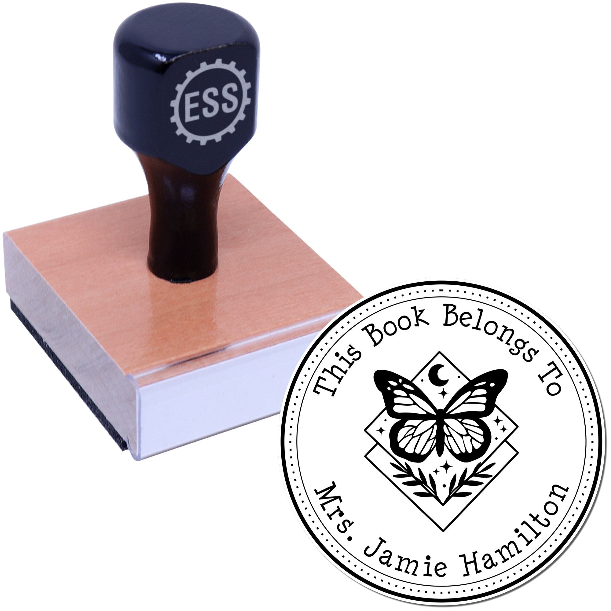 Wood Handle Beautiful Butterfly Personalized Bibliophile Stamp