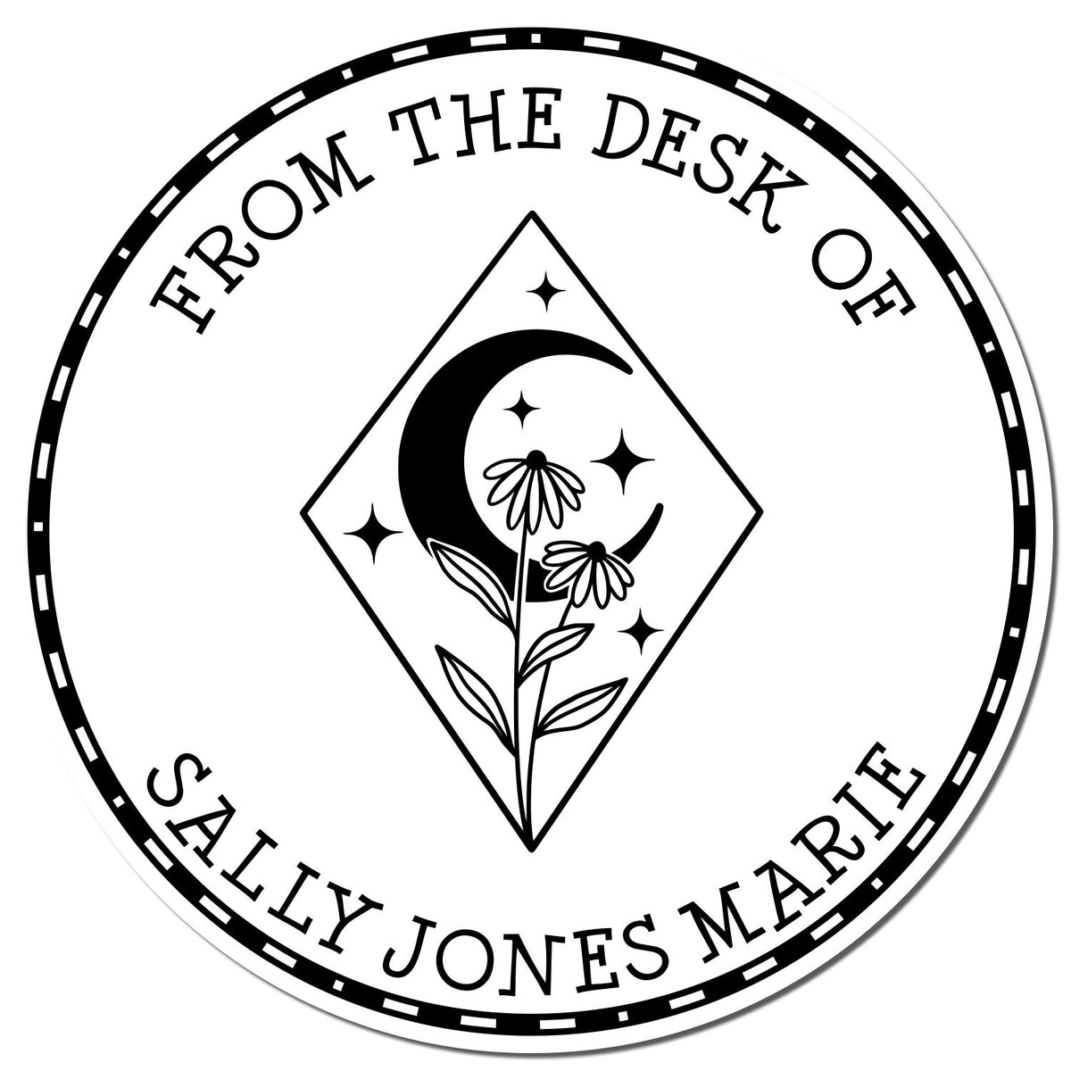 Black-and-white round stamp seal reading From the Desk of Sally Jones Marie, with crescent moon, flowers, and stars.