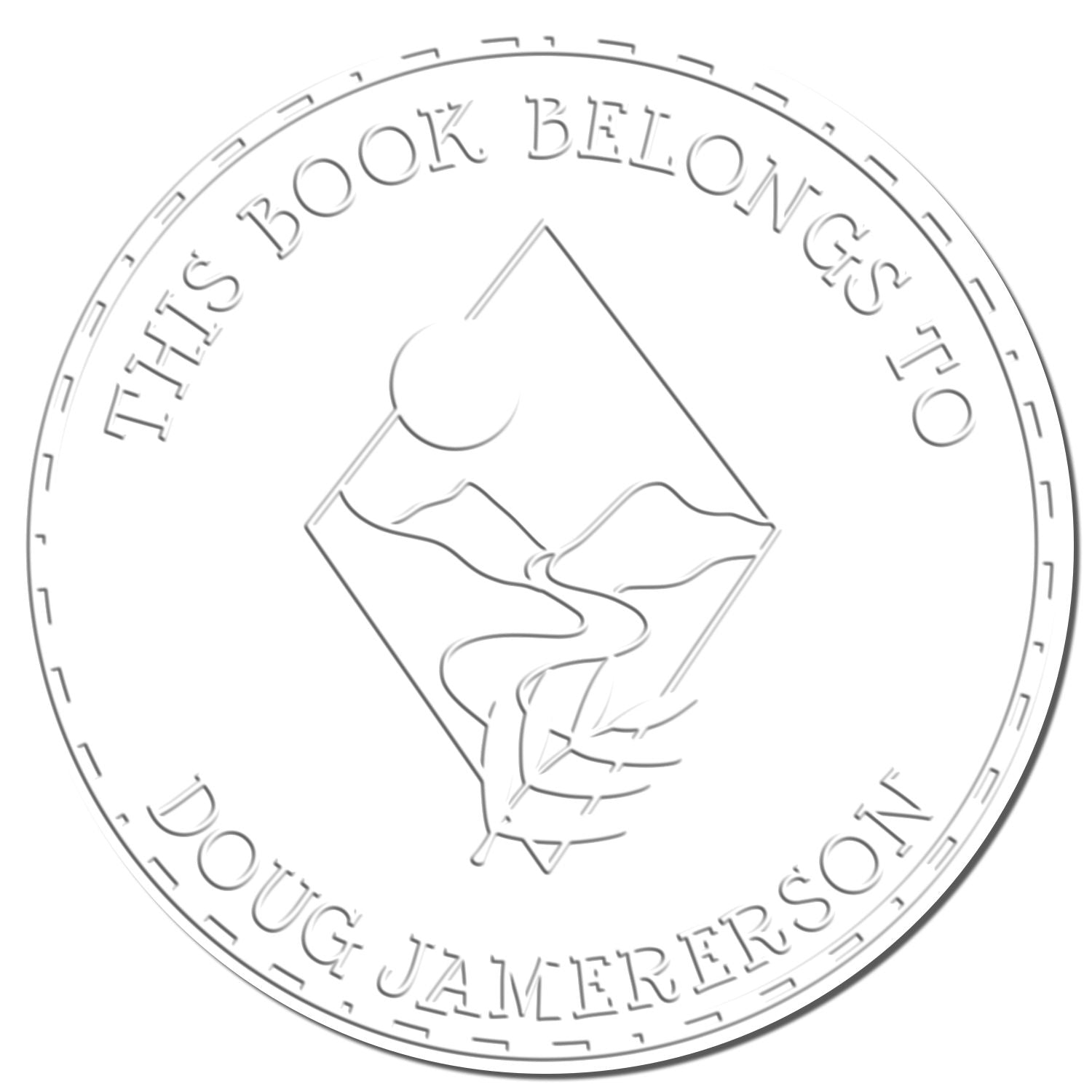 Gray circular book stamp seal reading This book belongs to Doug Jamerson with a pen and mountain emblem on white.