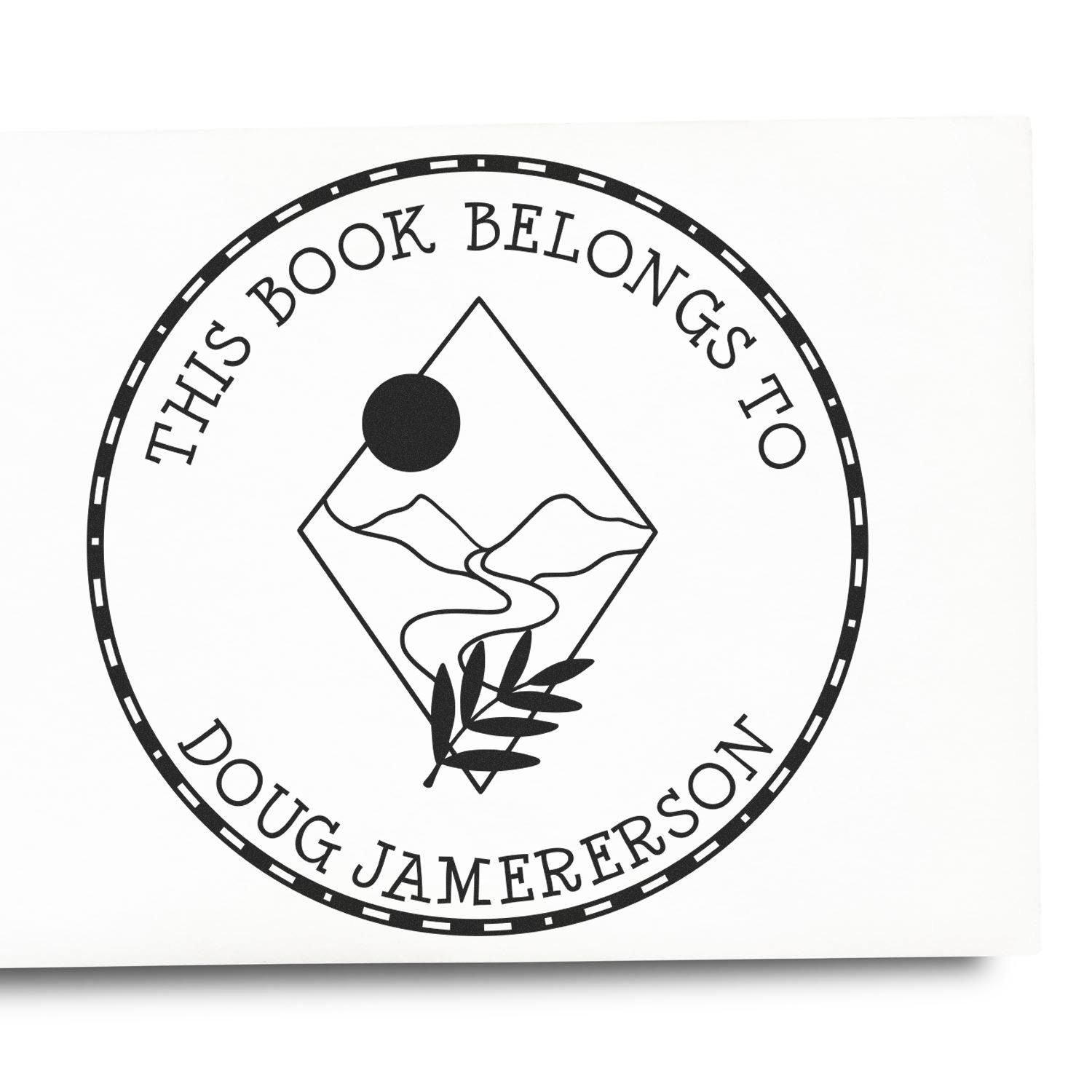 Black-and-white round book stamp seal reading This Book Belongs To Doug Jamerson with mountain, river, and leaf emblem.