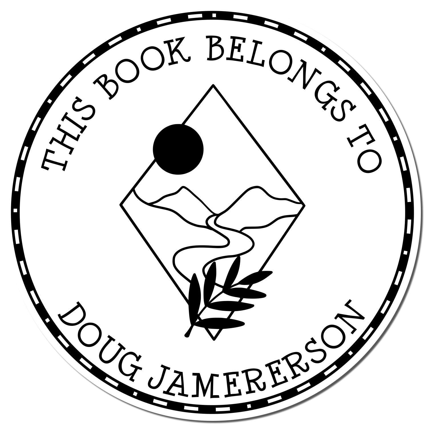 Black-and-white circular book ownership stamp seal with mountains, sun, path, and leaves, reading This Book Belongs to Doug Jamerson.