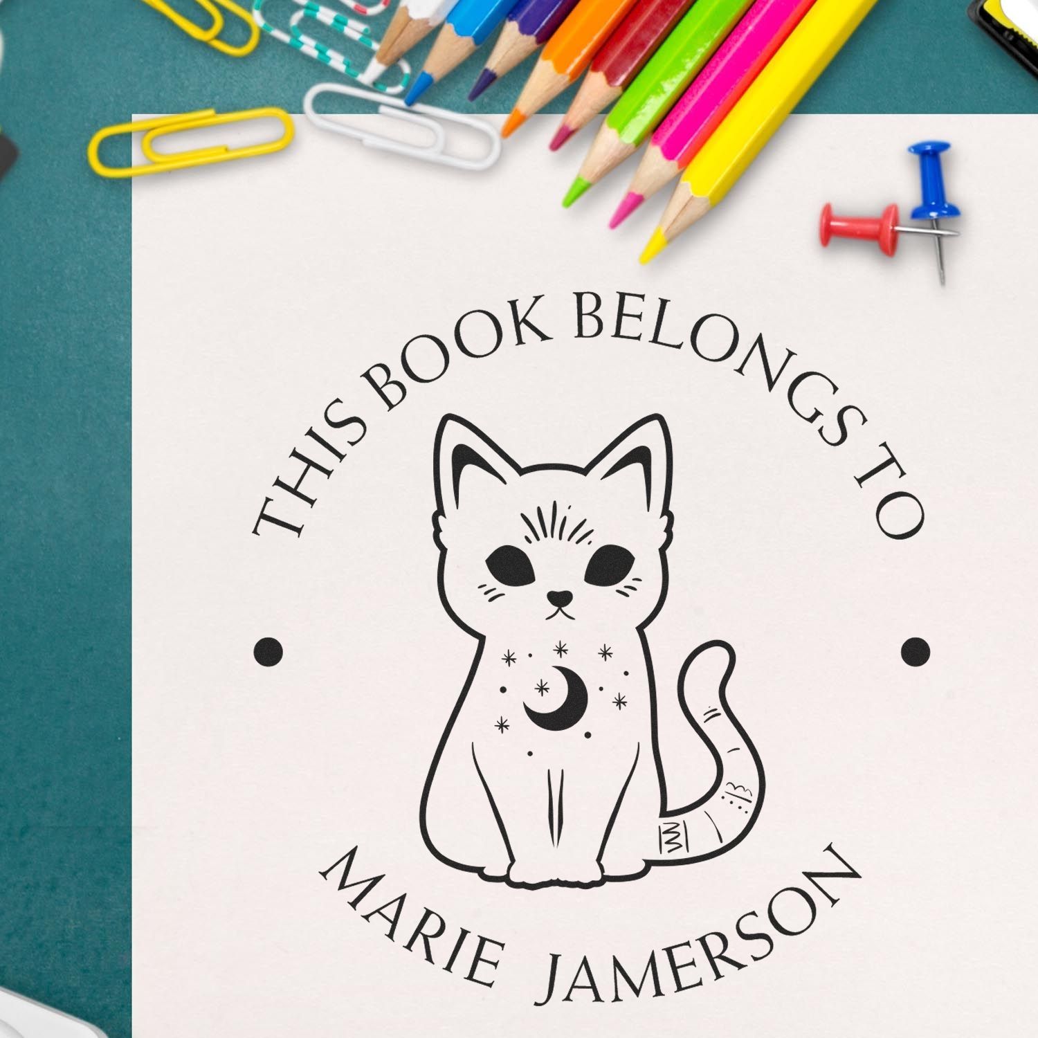 Wood Handle Mesmerizing Cat Personalized Book Belongs to Stamper - Engineer Seal Stamps