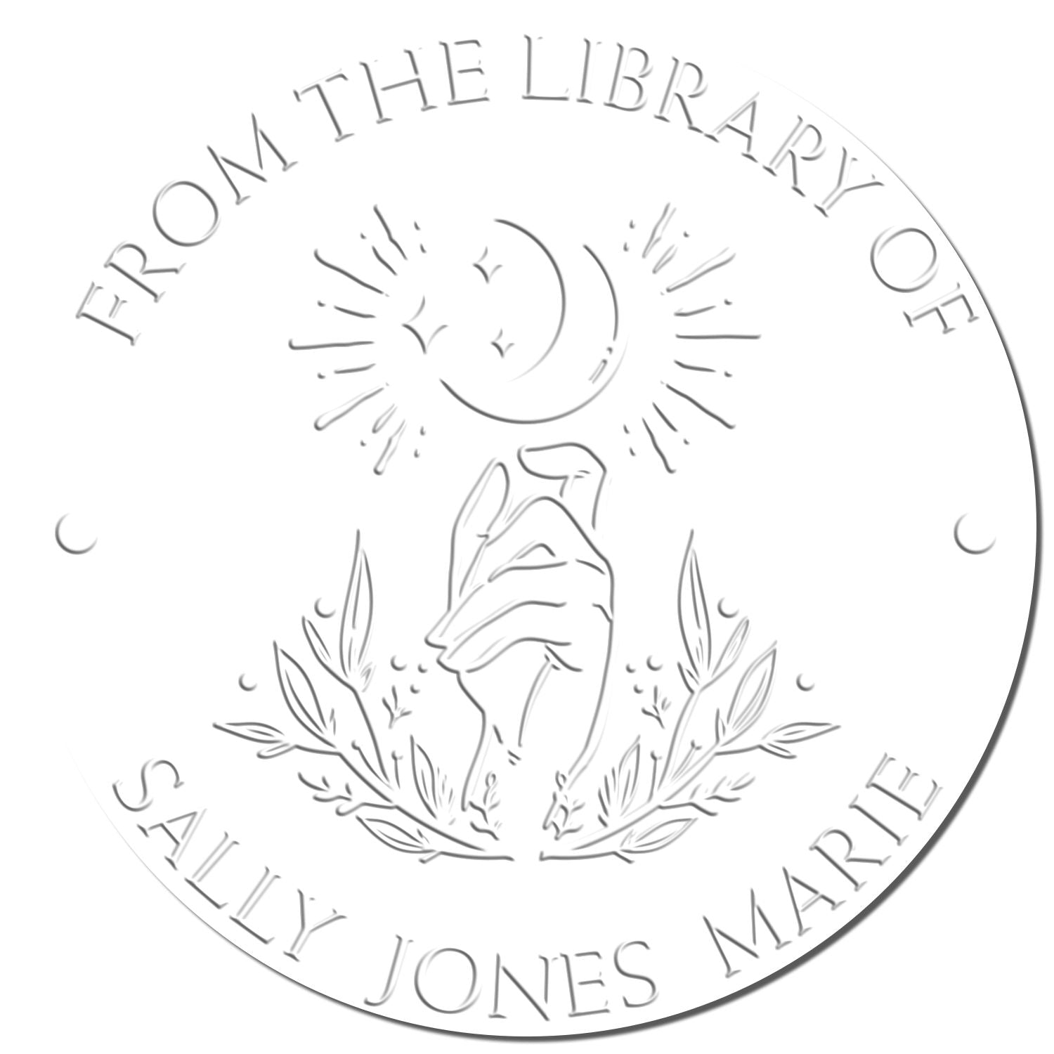 White embossed circular library stamp seal with hand holding a book, laurel leaves, moon and stars, and Sally Jones text.