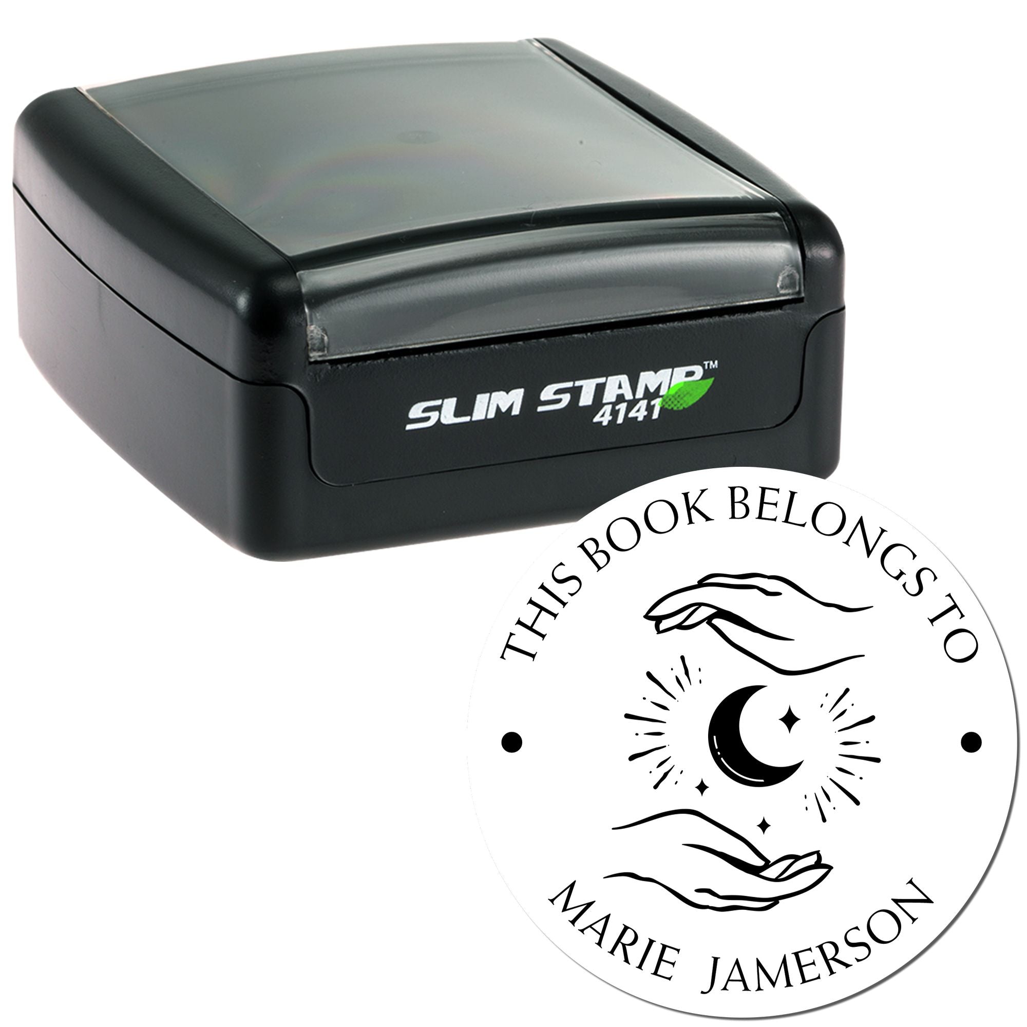 Pre-Inked Enchanting Moon Personalized Library Name Stamper - Engineer Seal Stamps