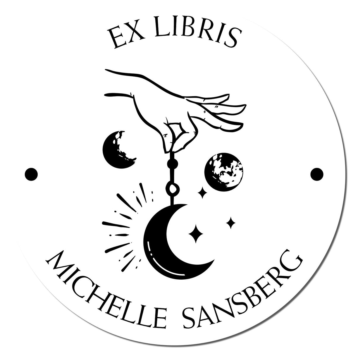 Round black ex libris stamp seal with a hand, crescent moon, stars, and MICHELLE SANSBERG text.
