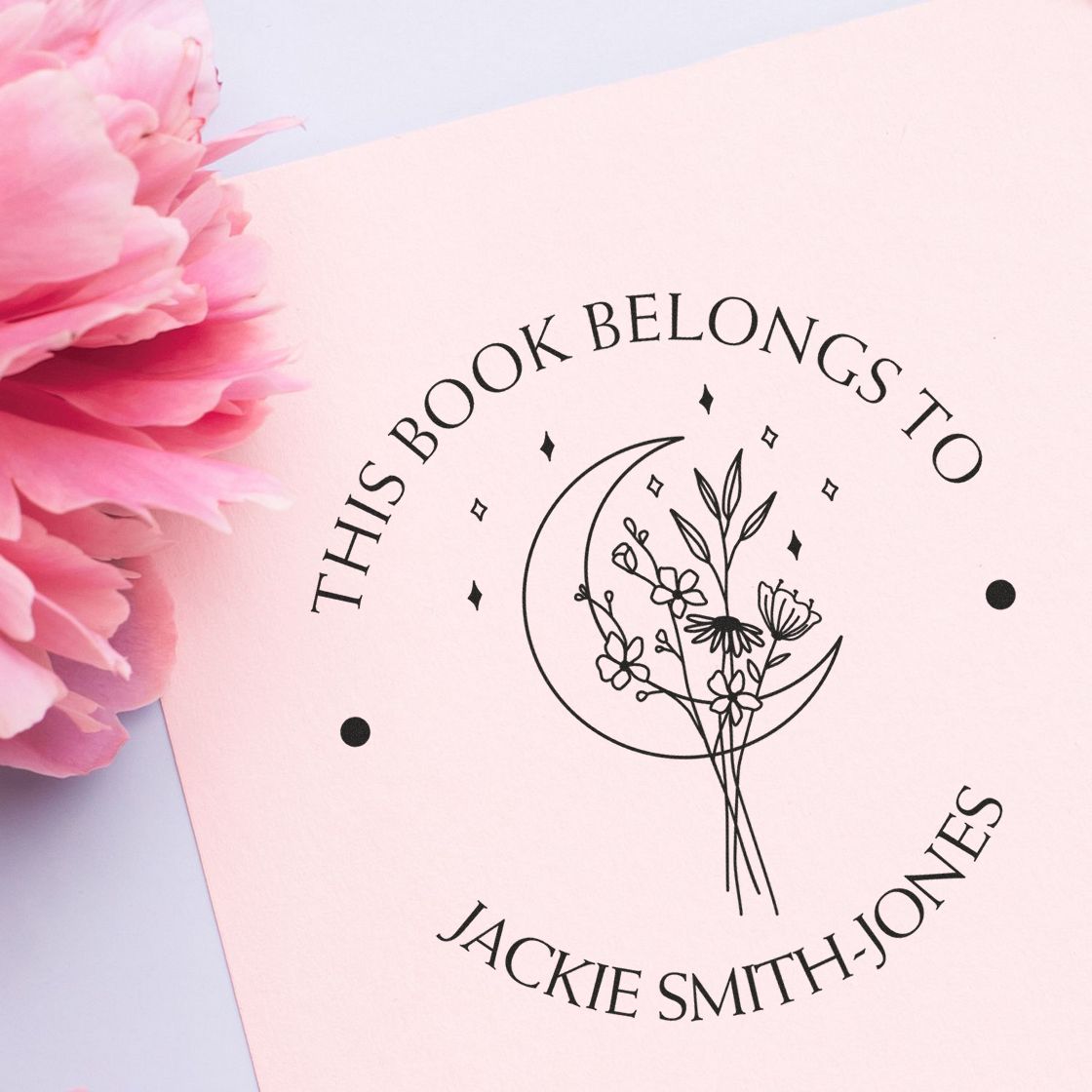 Wood Handle Tranquil Moon Flowers Personalized Book Name Stamp