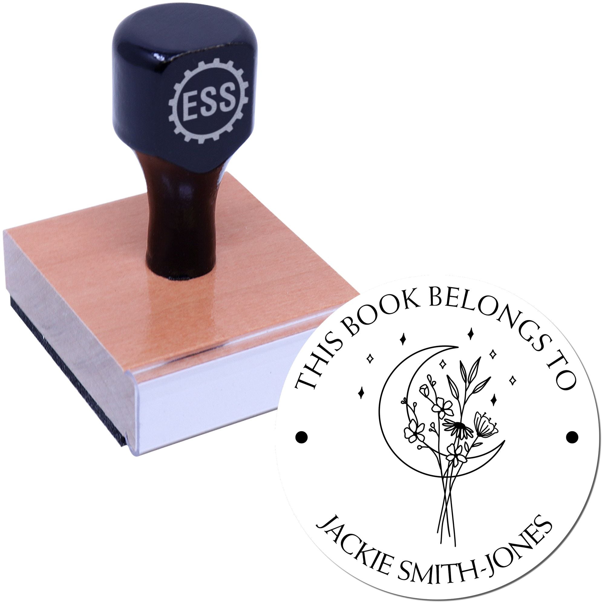Wood Handle Tranquil Moon Flowers Personalized Book Name Stamp