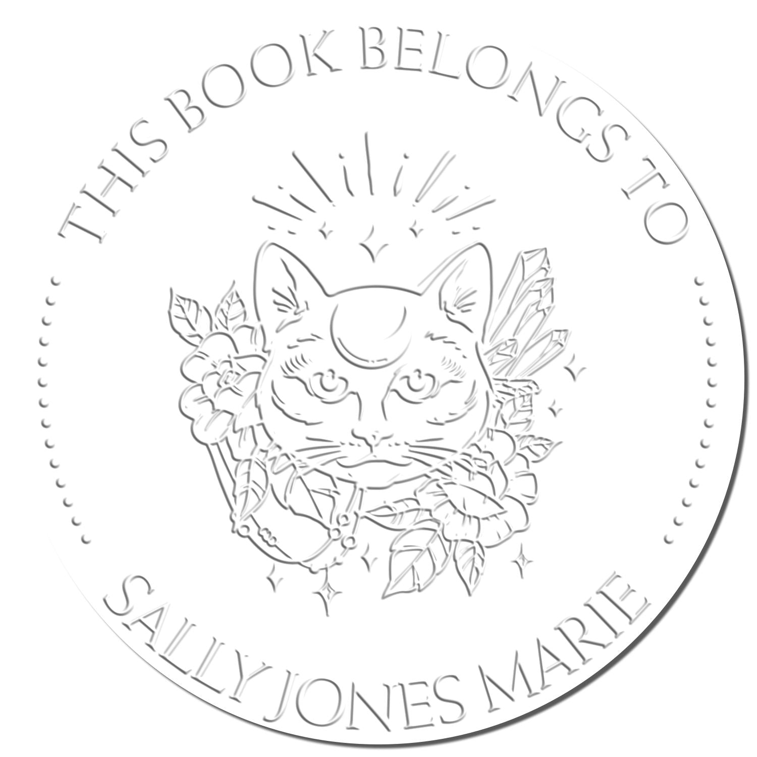 Round white embossed bookplate stamp with cat, flowers and crystals; text reads "This book belongs to Sally Jones Marie"