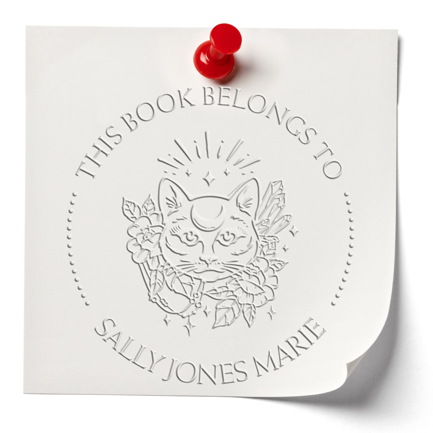 White embossed bookplate stamp with cat and floral design, red seal stamp, and This book belongs to Sally Jones Marie text.