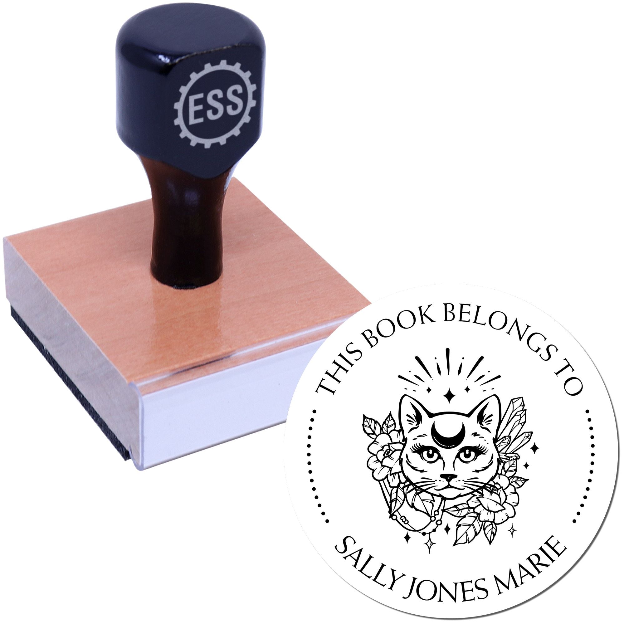 Wood Handle Divine Feline Personalized Book Ownership Label Stamp - Engineer Seal Stamps