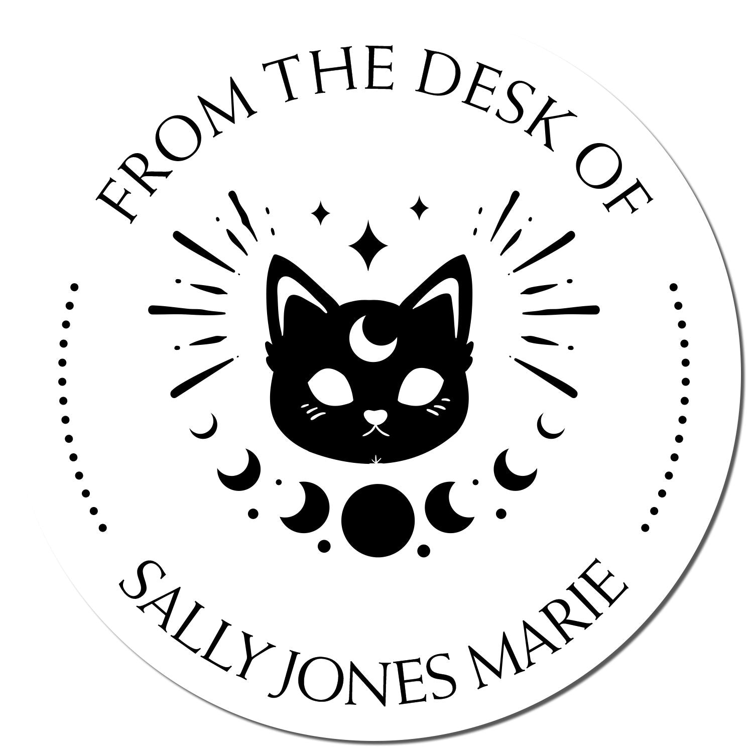 Circular black-and-white custom stamp seal with crescent moon cat, stars, and From the Desk of Sally Jones Marie text.