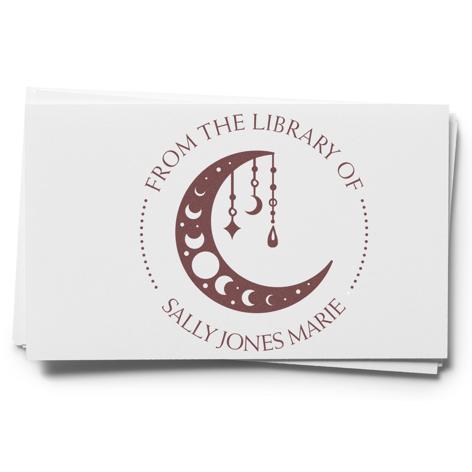 White custom book stamp and seal cards with burgundy crescent moon design and From the Library of Sally Jones Marie text.