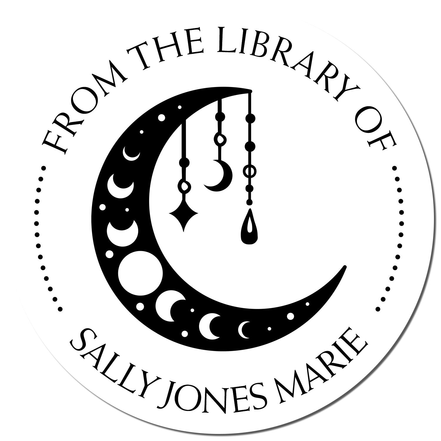 Black-and-white circular library stamp seal with crescent moon, hanging stars, and From the Library of Sally Jones Marie.