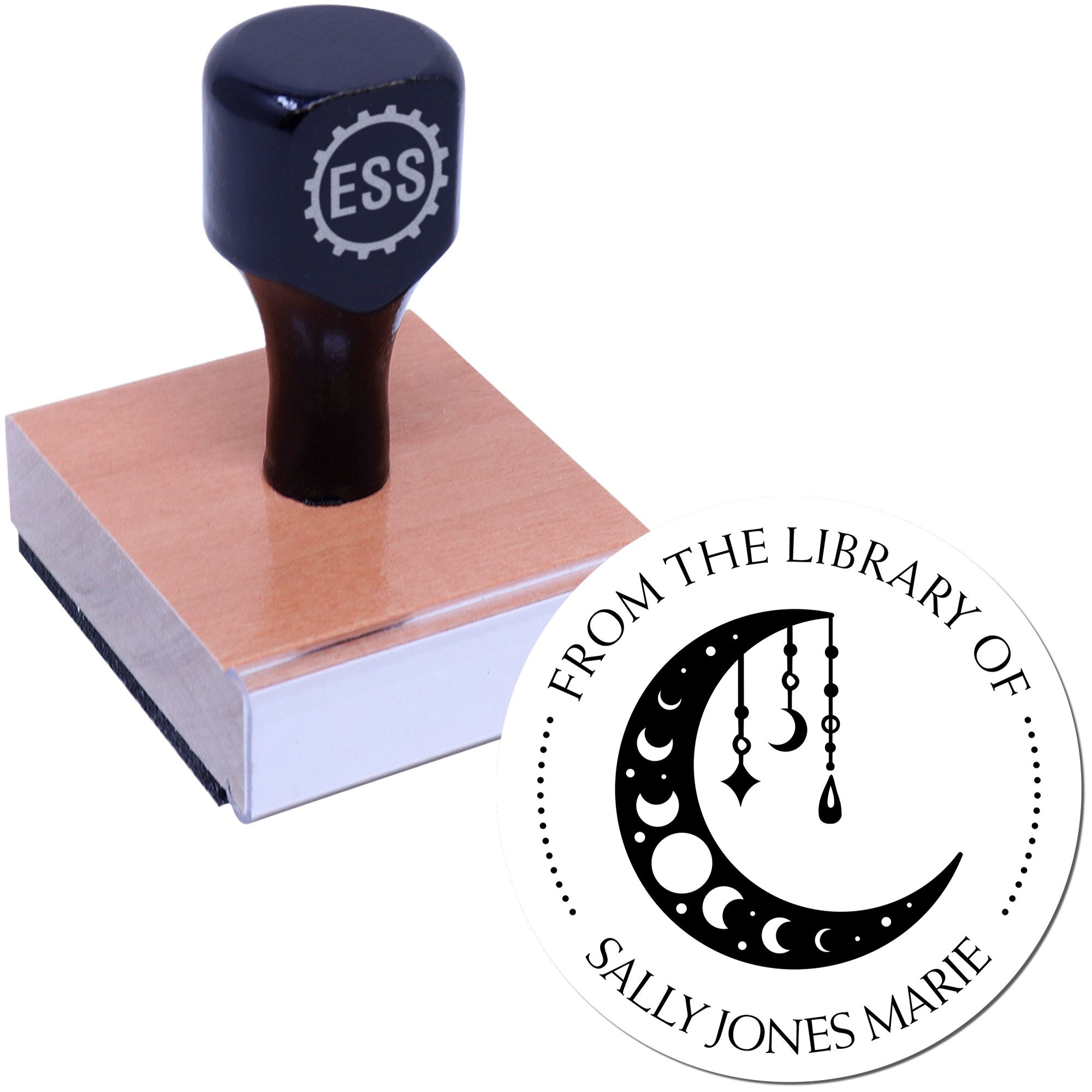 Wood Handle Serene Moon Personalized Book Property Stamp - Engineer Seal Stamps
