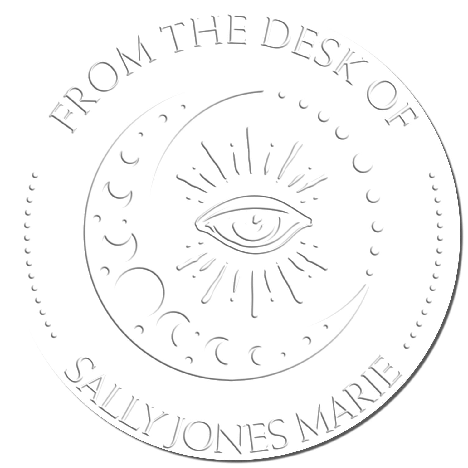 White embossed circular desk seal stamp with eye icon and text From the Desk of Sally Jones Marie.