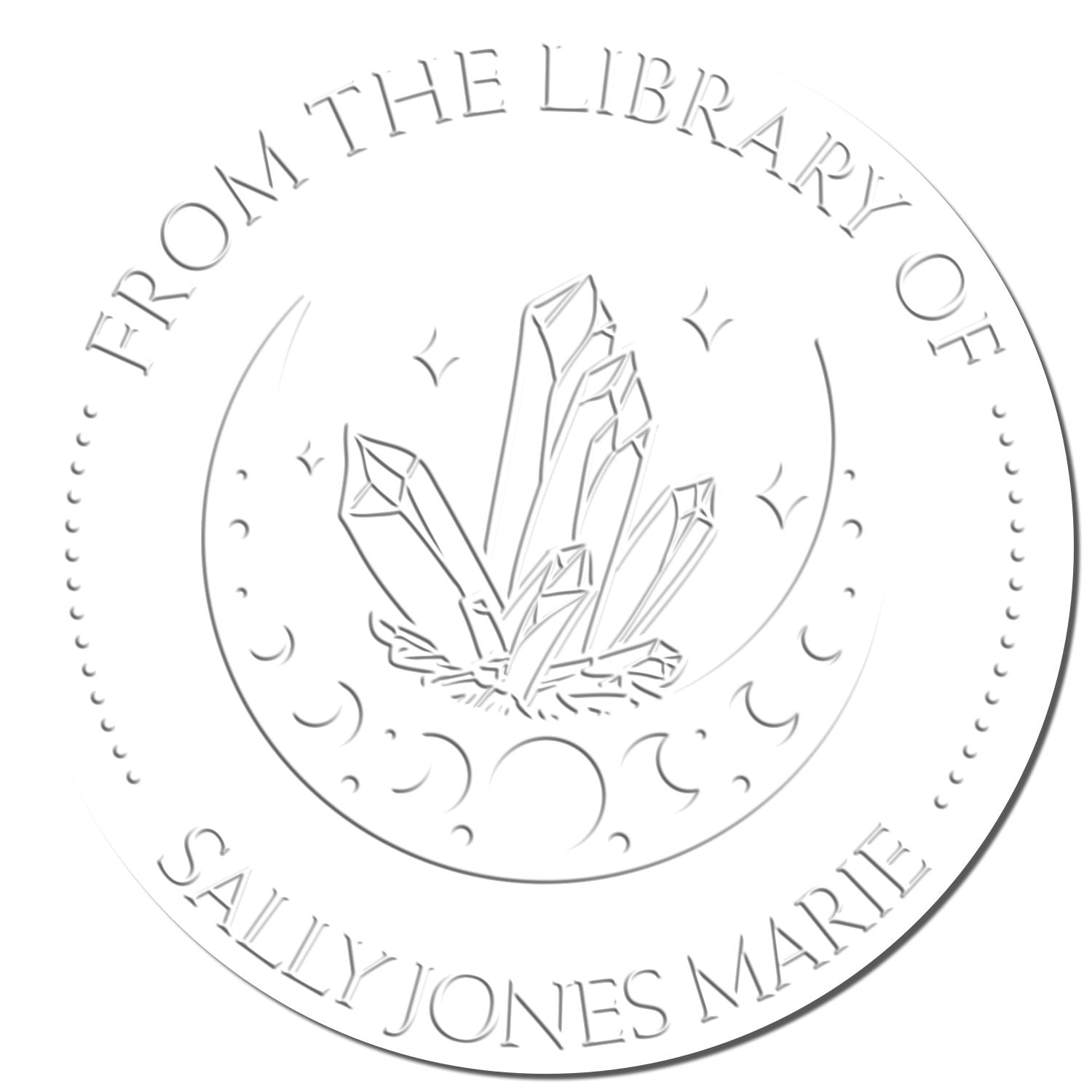 White embossed circular library stamp seal with crystal cluster and curved text reading From the Library of Sally Jones Marie.