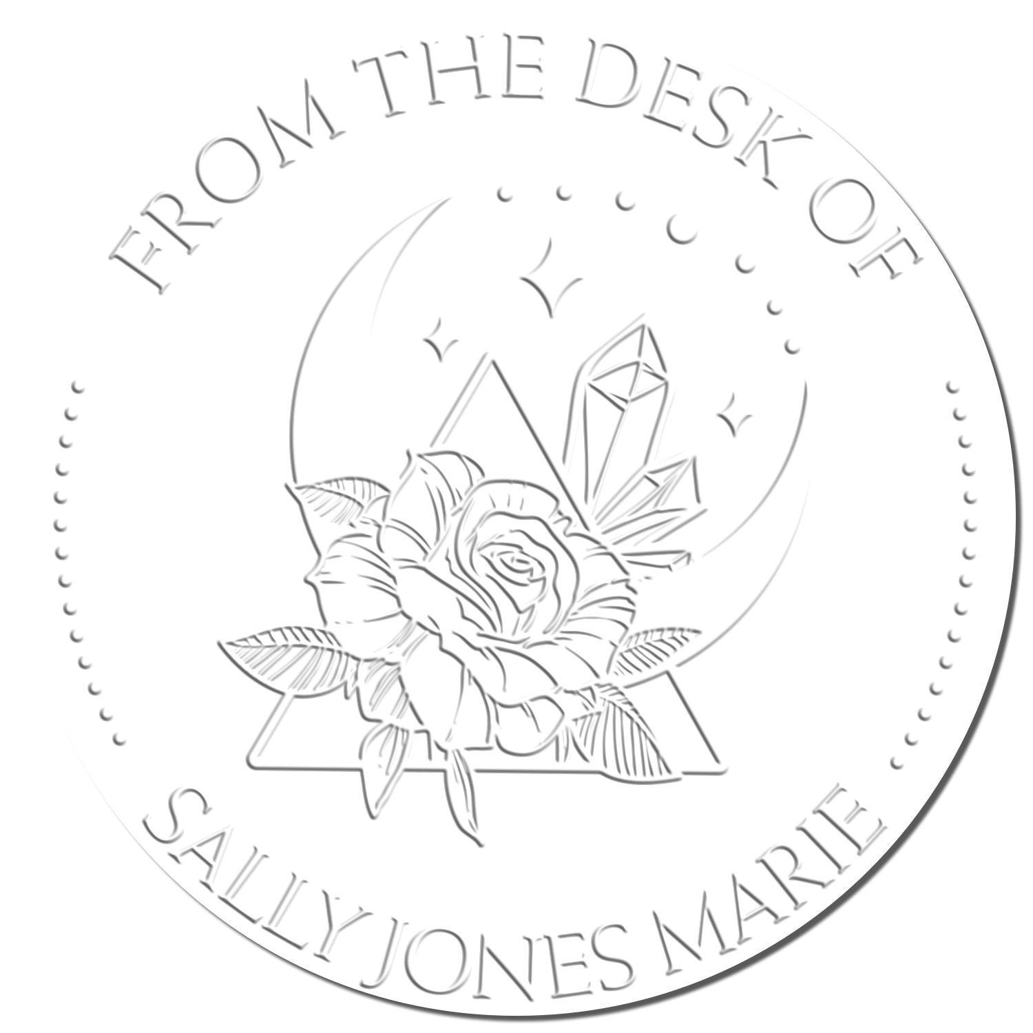 Monochrome circular desk seal stamp with gray embossed text, rose and crystal design reading From the Desk of Sally Jones Marie