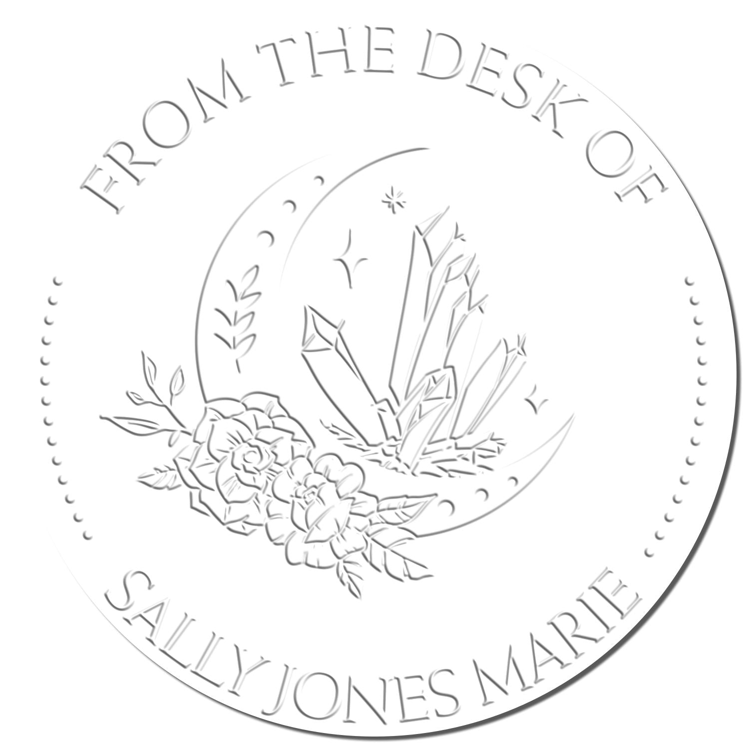 Gray circular embossing stamp seal with moon, crystals, flowers, and curved text on a white background.