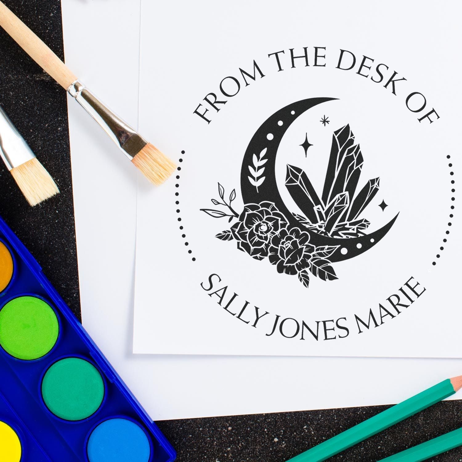 Wood Handle Fantastical Moon Personalized From The Library Of Stamper - Engineer Seal Stamps