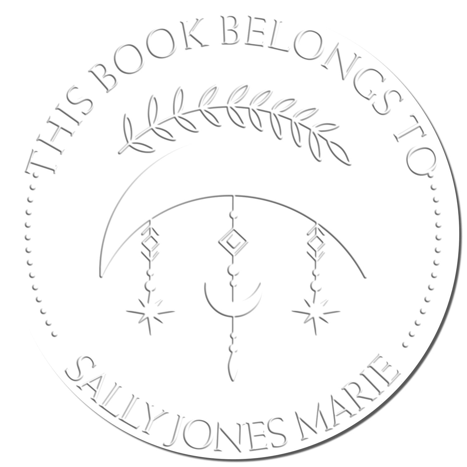 Silver embossed circular book stamp and seal with leaf border, hanging ornaments, and text: This Book Belongs to Sally Jones Marie.